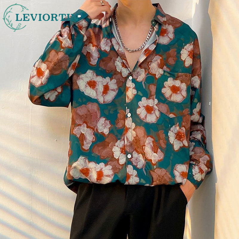 Streetwear Brand Flower - ผู้ชายแฟชั่นแขนยาวเสื้อเชิ๊ตลายดอกไม้ยี่ห้อฮาวายสไตล์หลวมพิมพ์ Streetwear เสื้อหล่อสำหรับ Man เสื้อผ้า