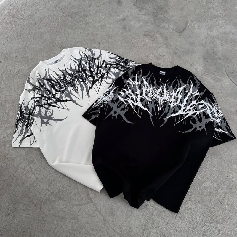 Streetwear Brand Font - เสื้อยืดโอเวอร์ไซส์ยูนิเซ็กส์แบรนด์ Y2K Goth Streetwear พิมพ์ลายตัวอักษรมetal Thorn