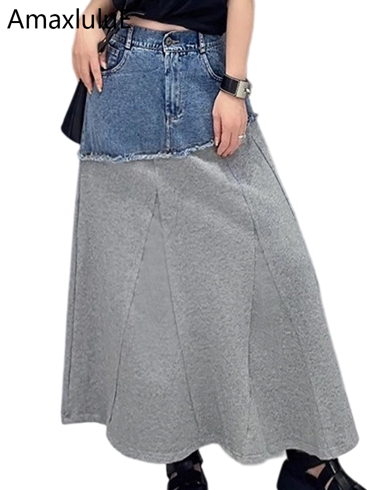 Streetwear Brand Tier - Amax LuluEยี่ห้อ2025ฤดูใบไม้ร่วงสุภาพสตรีแฟชั่นPatchwork Denimกระโปรงสตรีคลาสสิกหลวมเสื้อผ้าVINTAGE Punk Streetwear