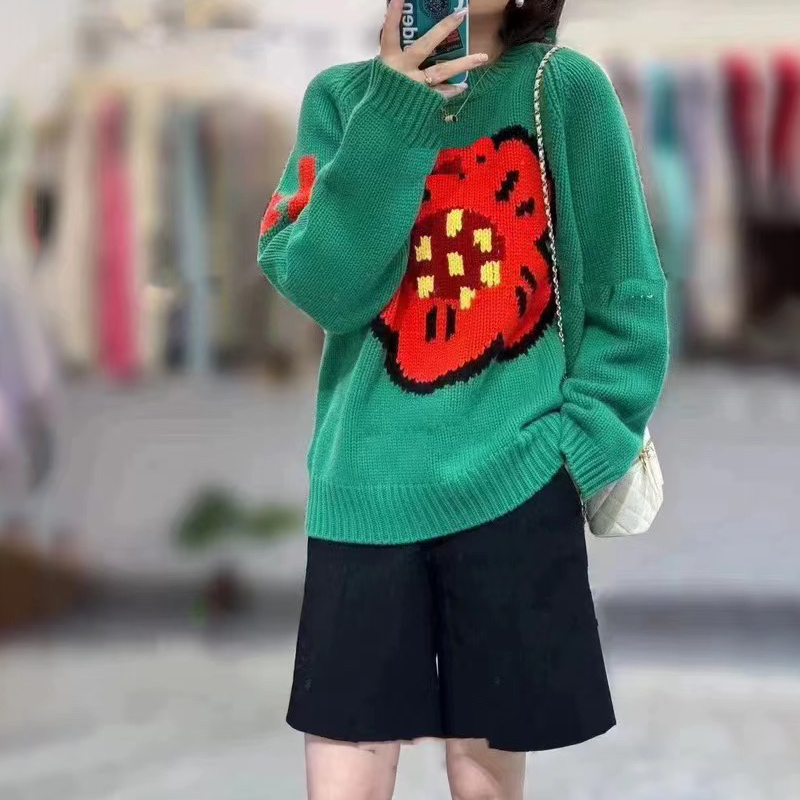Streetwear Brand Flower - เสื้อสเวตเตอร์แคชเมียร์บริสุทธิ์ 100% สําหรับผู้หญิงดอกไม้หลวมความรู้สึกการออกแบบใหม่แบรนด์ต่างประเทศคอกลมแขนยาวเสื้อสเวตเตอร์หนาพิเศษ
