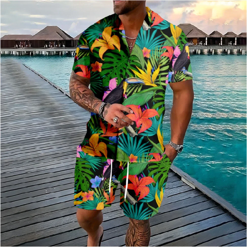 Streetwear Brand Flower - ฮาวายปาล์มต้นไม้ Florals ปุ่มเสื้อกางเกงขาสั้นชุดสีดอกไม้ Streetwear ยี่ห้อ Tracksuits